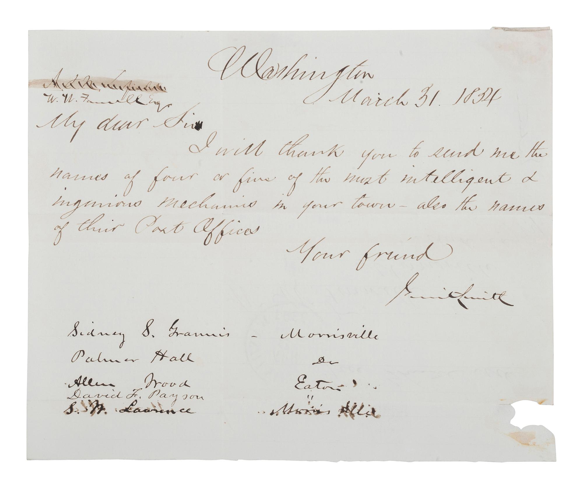 [SLAVERY & ABOLITION]. A group of two letters signed by prominent abolitionists, including one by Gerrit Smith (1797-1874) and another signed by Owen Lovejoy (1811-1864).