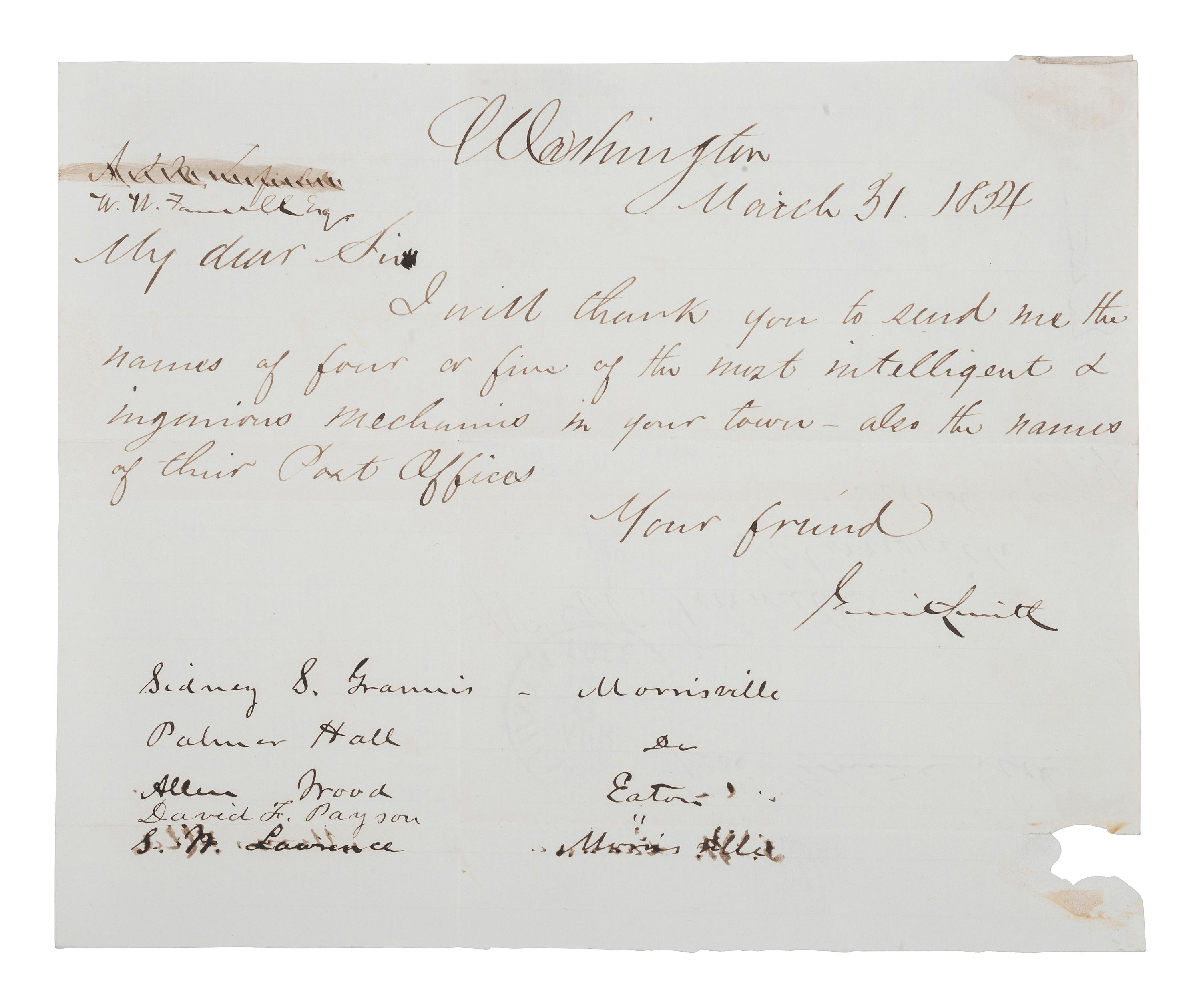 [SLAVERY & ABOLITION]. A group of two letters signed by prominent abolitionists, including one by Gerrit Smith (1797-1874) and another signed by Owen Lovejoy (1811-1864).