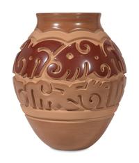 Red and Tan Carved Pottery Jar