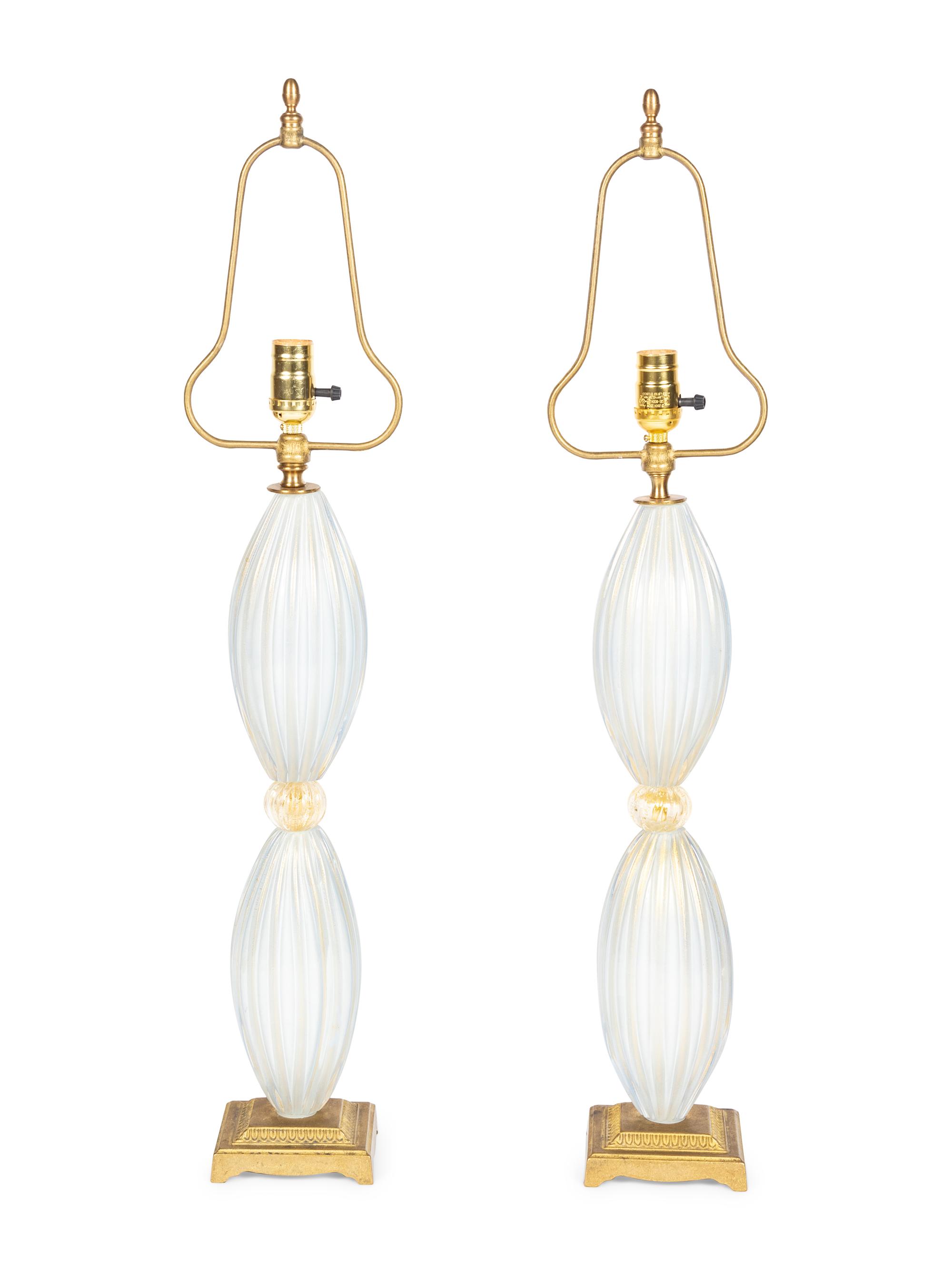 A Pair of Murano Glass Lamps with Pleated Shades