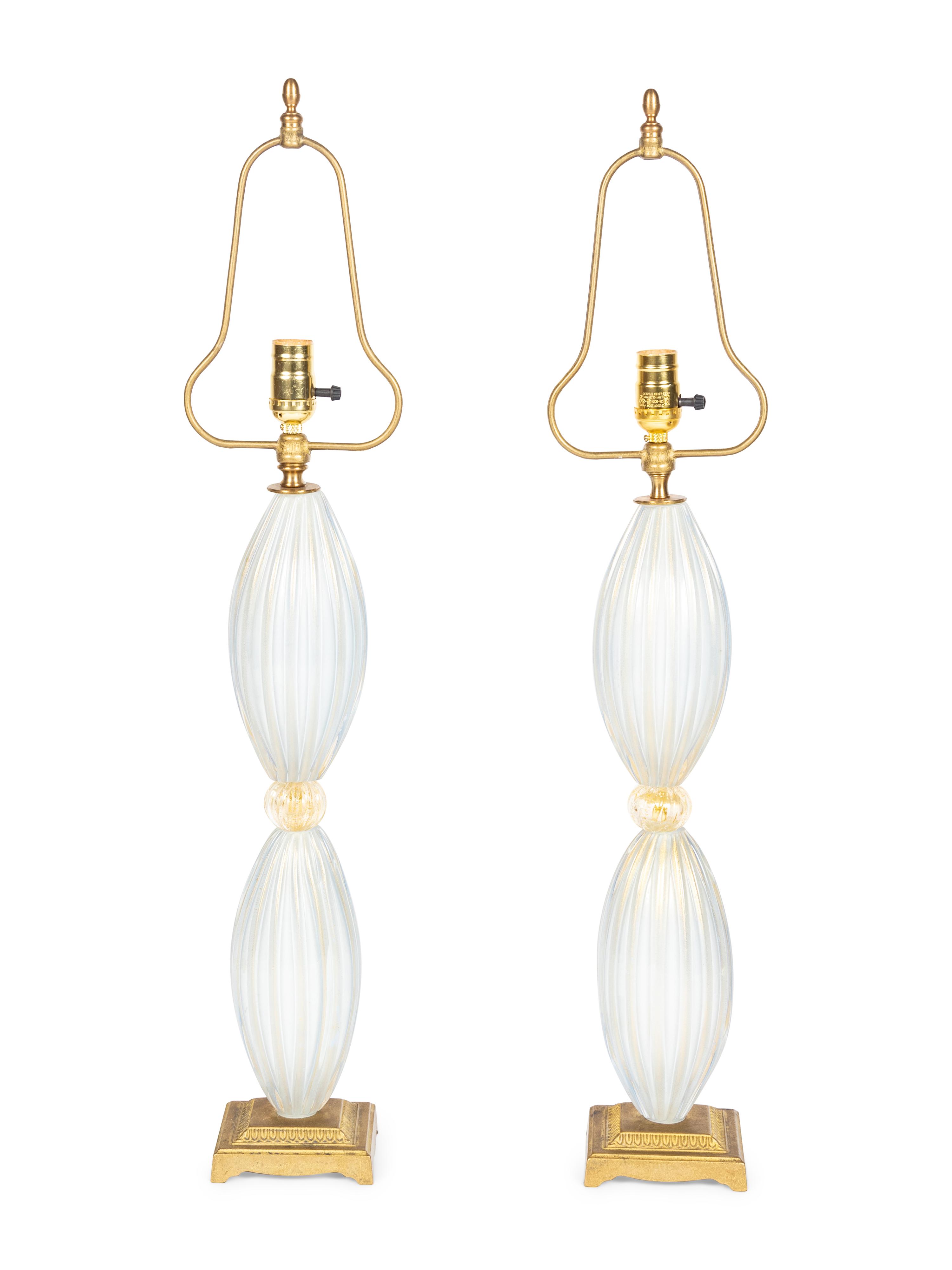 A Pair of Murano Glass Lamps with Pleated Shades