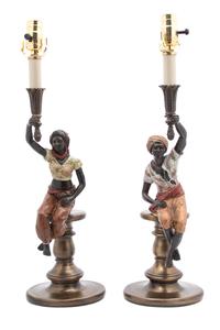 A Pair of Cold Painted Blackamoor Figural Lamps Height overall 24 inches. — 20TH CENTURY