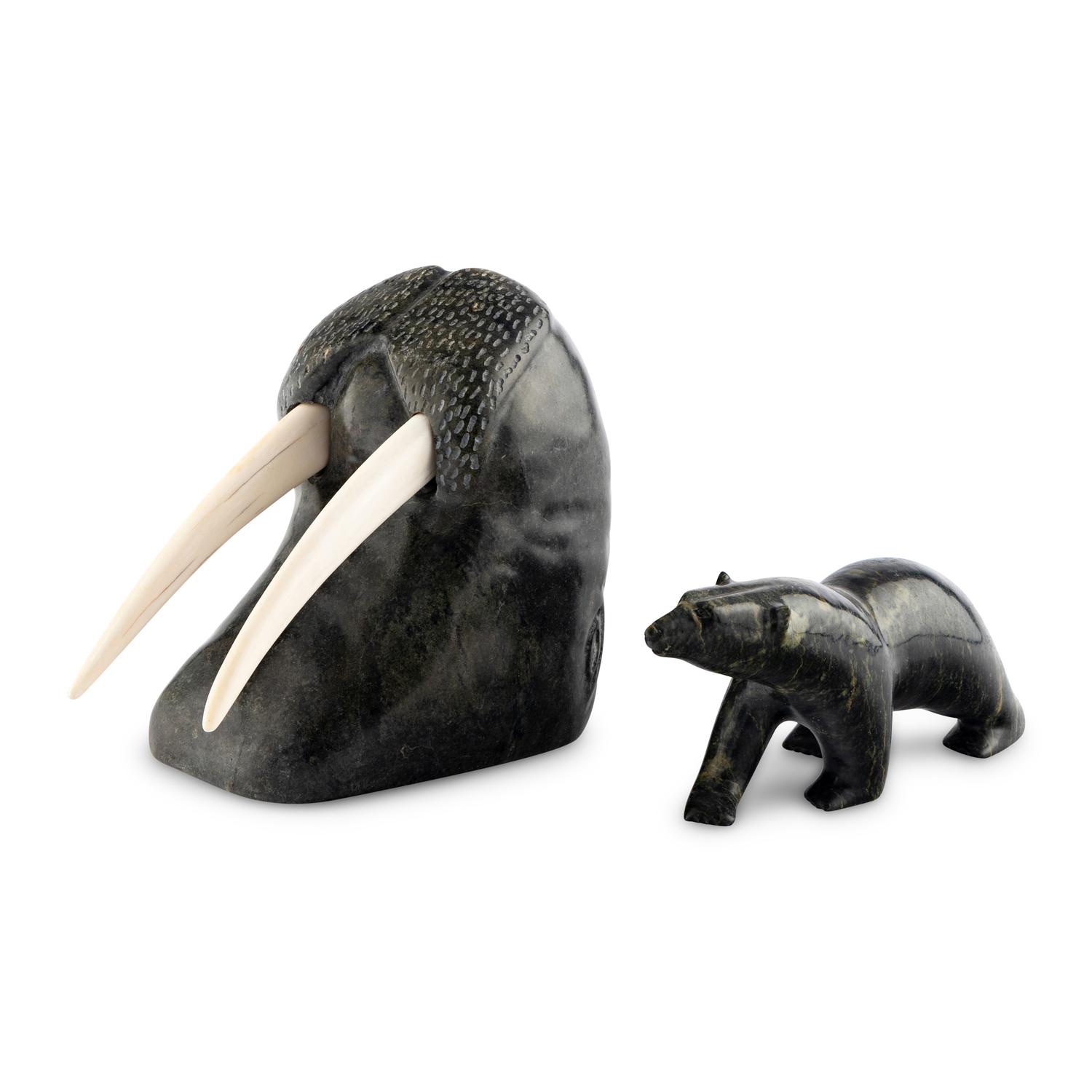 Inuit Carved Soapstone Walrus Head and Polar Bear