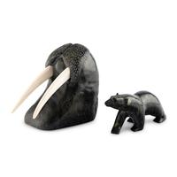 Inuit Carved Soapstone Walrus Head and Polar Bear