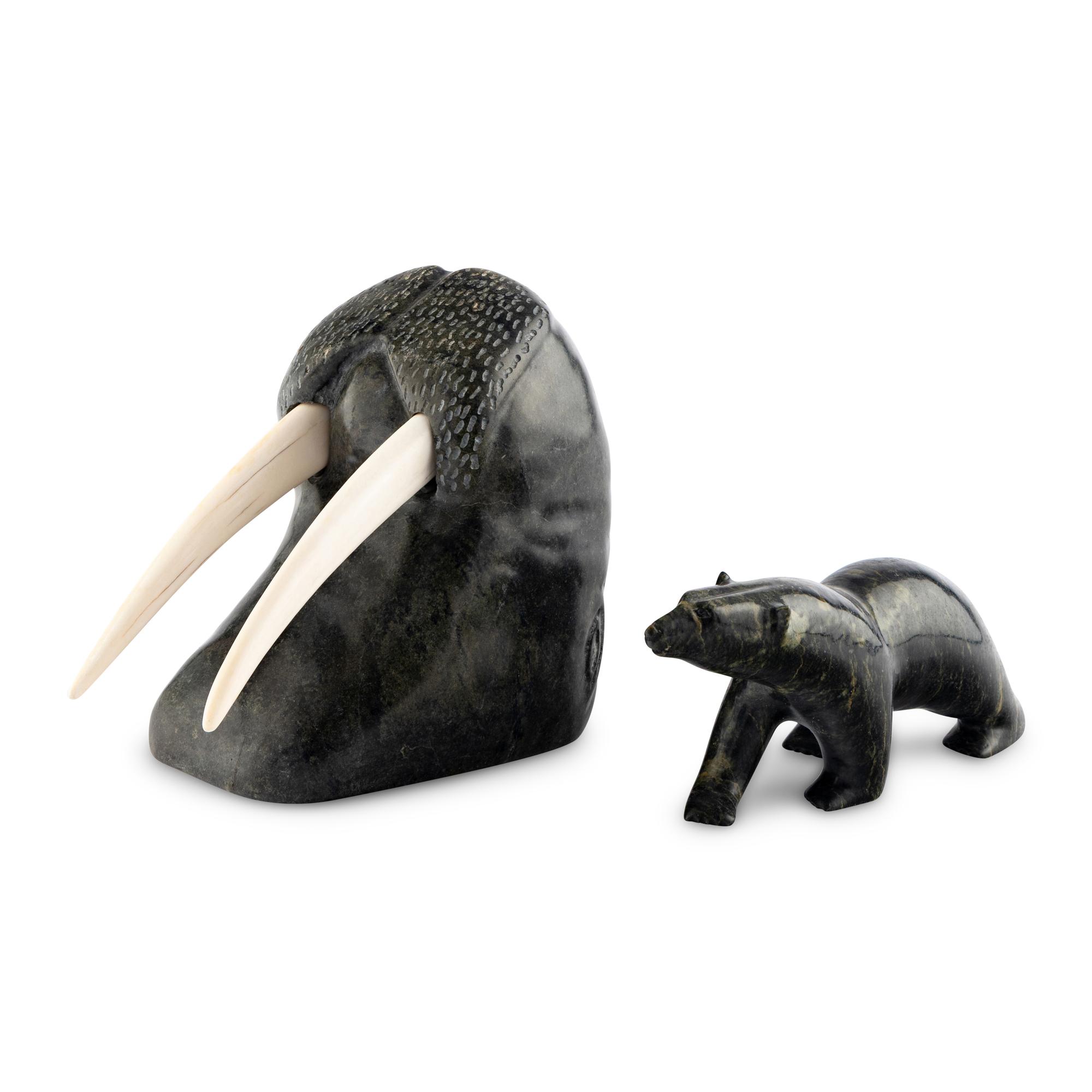 Inuit Carved Soapstone Walrus Head and Polar Bear
