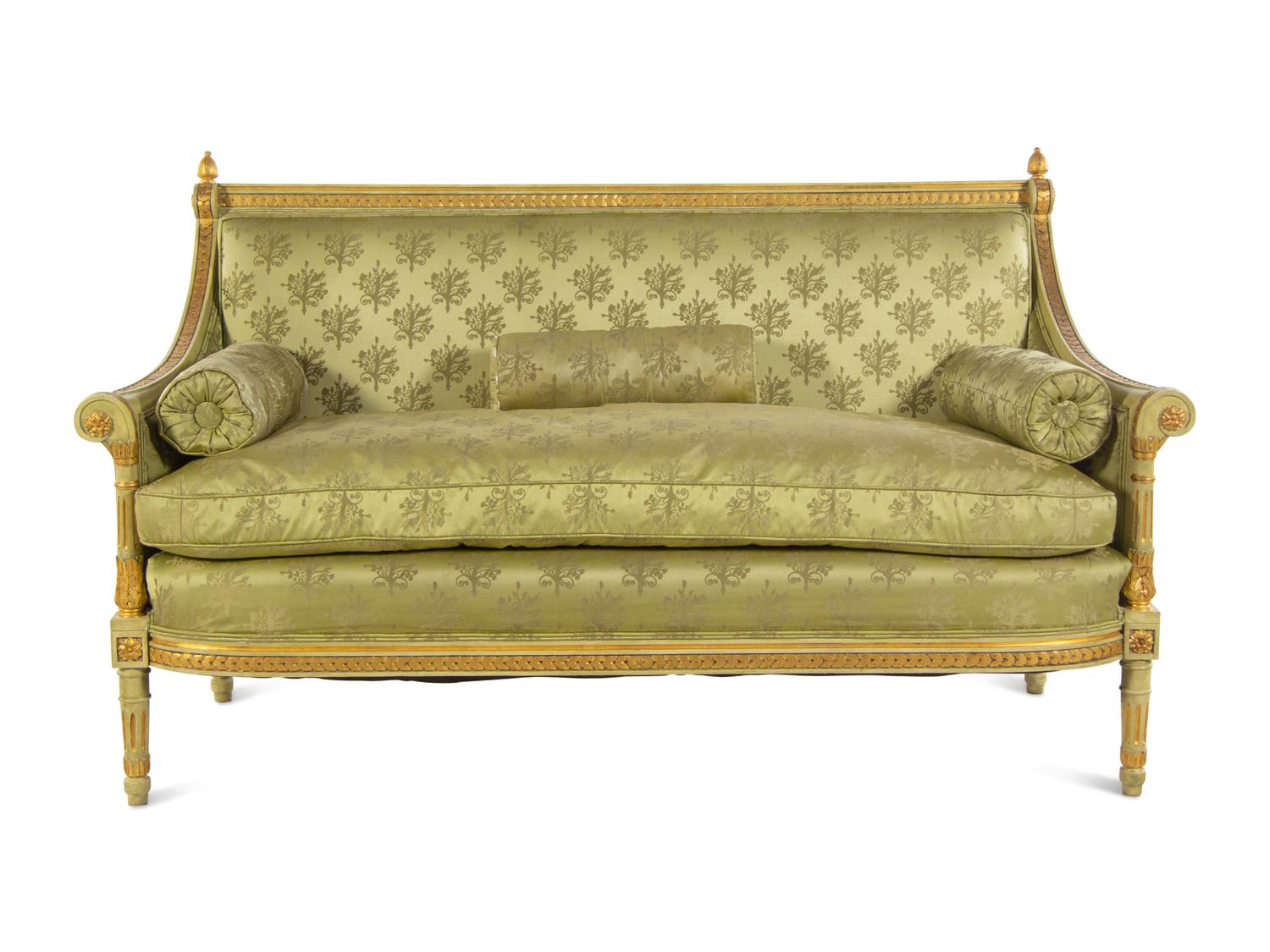 A Louis XVI Style Painted and Parcel Gilt Settee
