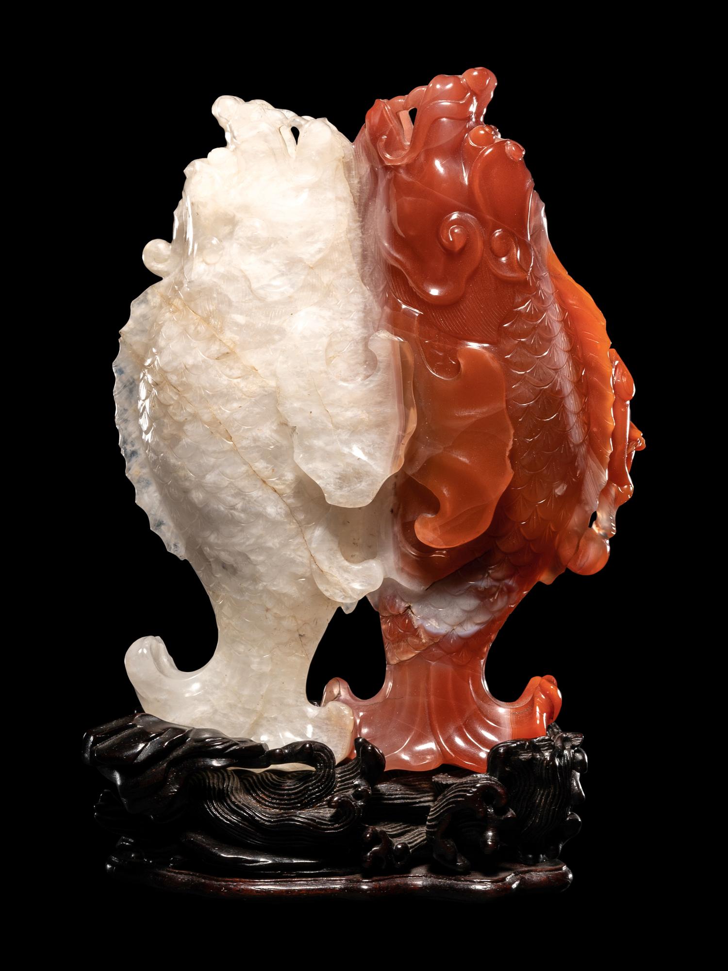 Two Chinese Amber Carvings and An Agate Carving of Double Fish