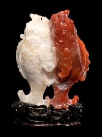 Two Chinese Amber Carvings and An Agate Carving of Double Fish