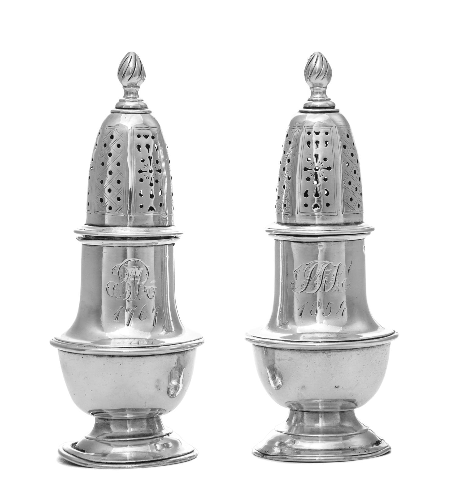 A Pair of American Silver Casters, Samuel Minott, Boston, MA, Circa 1765, of baluster form, engraved with script monograms BAR/1767 and