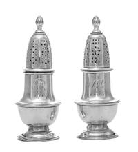 A Pair of American Silver Casters, Samuel Minott, Boston, MA, Circa 1765, of baluster form, engraved with script monograms BAR/1767 and