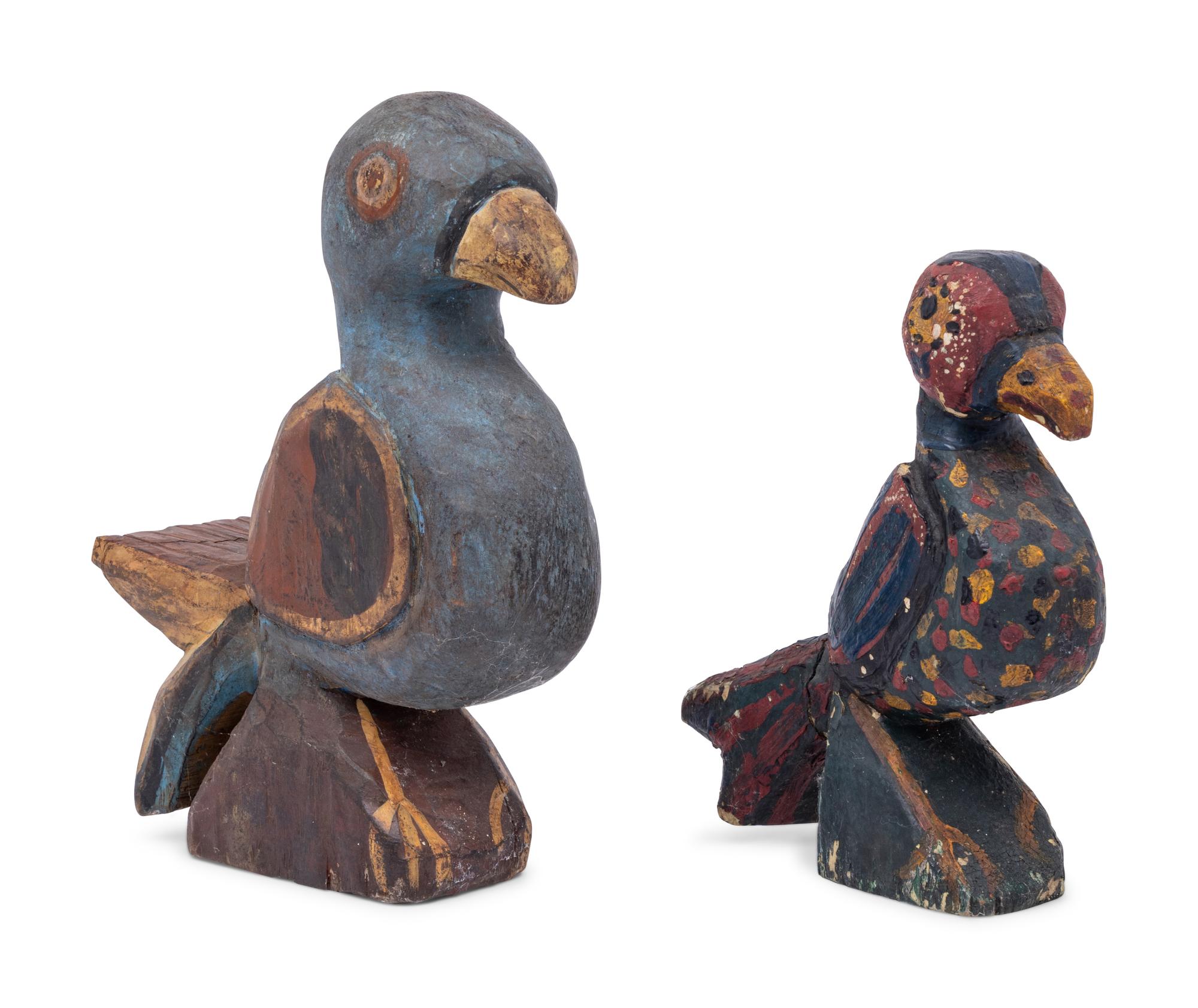 A Pair of Carved and Polychrome Painted Wooden Birds
