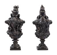 A Pair of Grand Tour Bronze Ewers Emblematic of Water and Earth