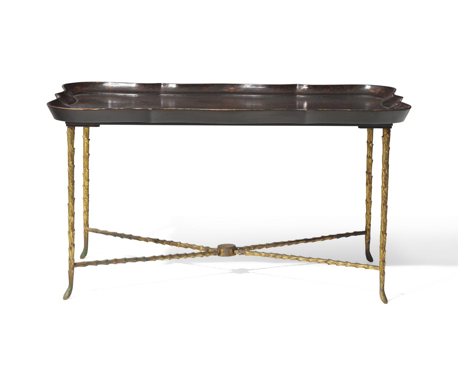 A Chinoiserie lacquered wood tray table on gilt bronze base, 20th century