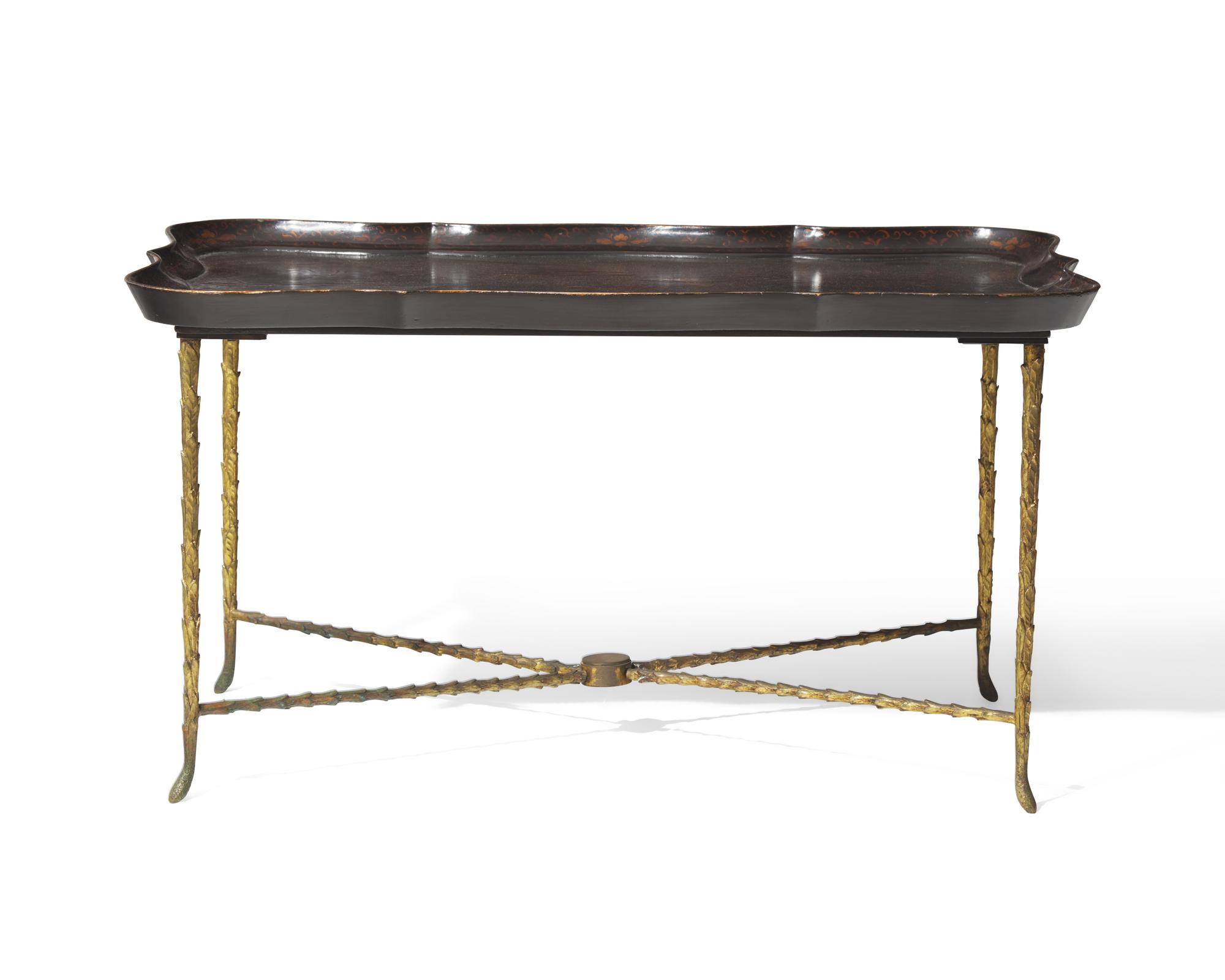 A Chinoiserie lacquered wood tray table on gilt bronze base, 20th century