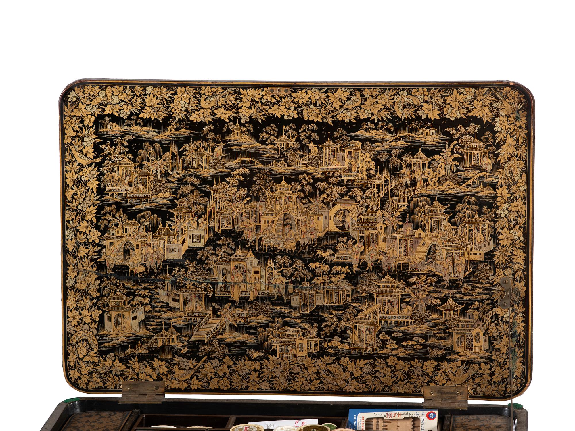 A Chinese Export Gilt and Black Lacquered Sewing Table
