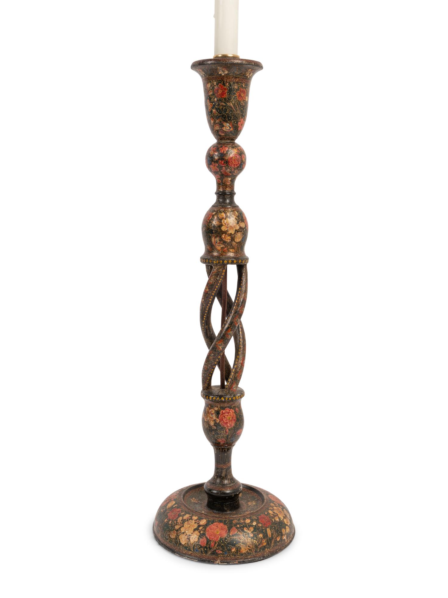 Three Kashmiri Candlesticks Mounted as Lamps