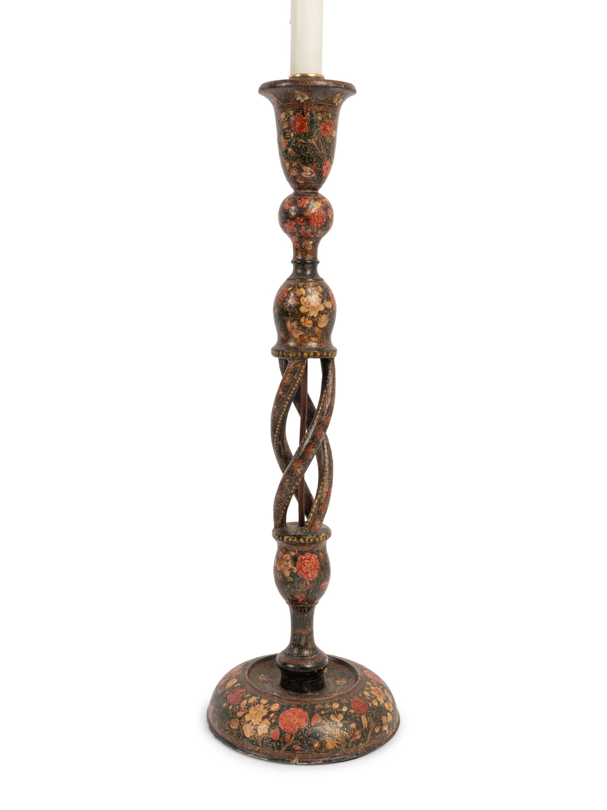 Three Kashmiri Candlesticks Mounted as Lamps