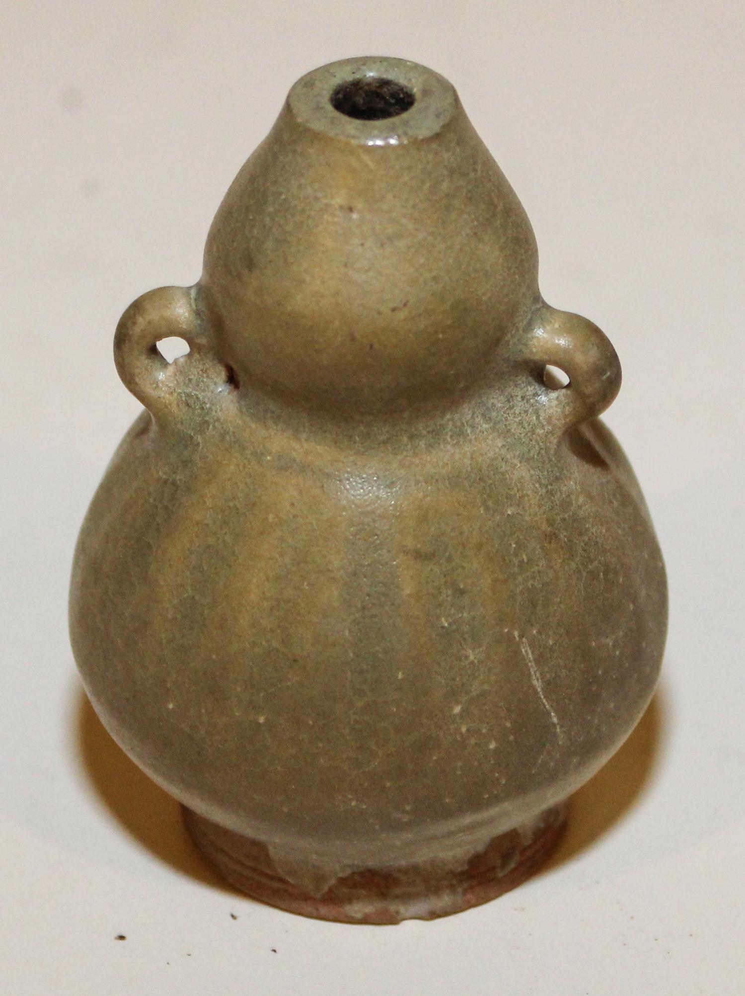 A Celadon Glaze Pottery Double Gourd Vase Height 3 1/4 inches.