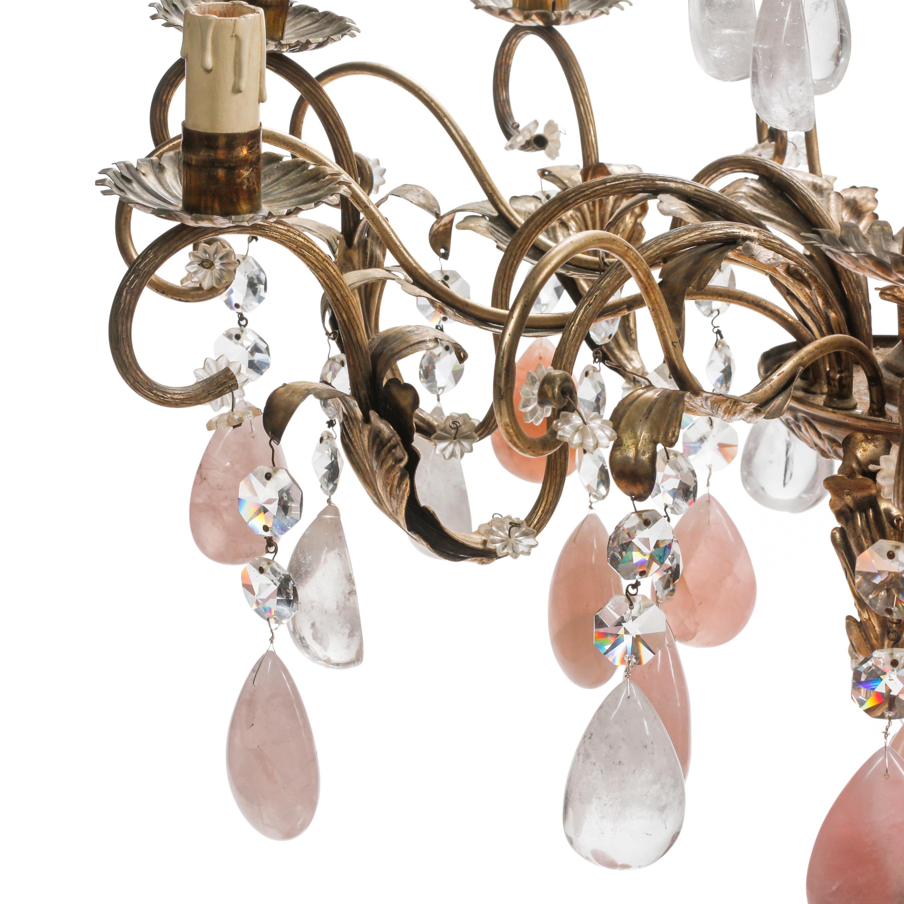 An Italian Silvered Metal, Rock Crystal and Rose Quartz Eight-Light Chandelier