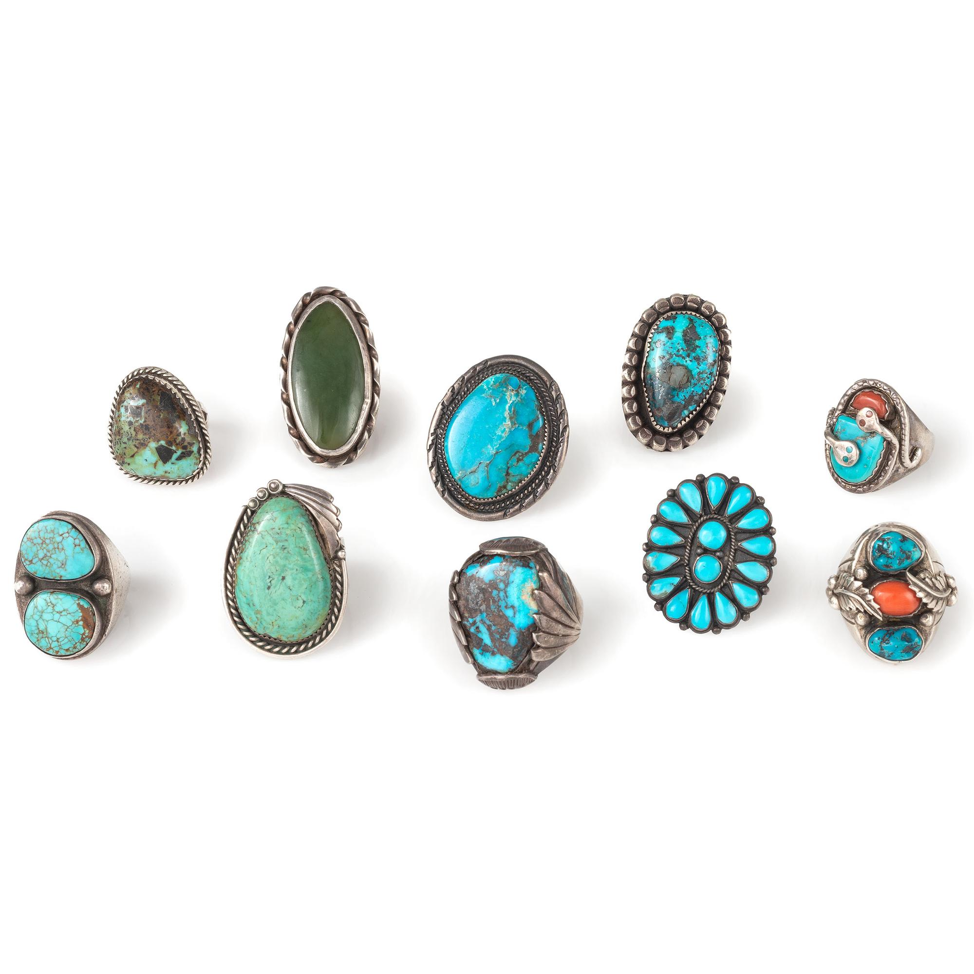 Assortment of Navajo and Zuni Silver Rings with Turquoise, Coral, and Serpentine Inlay