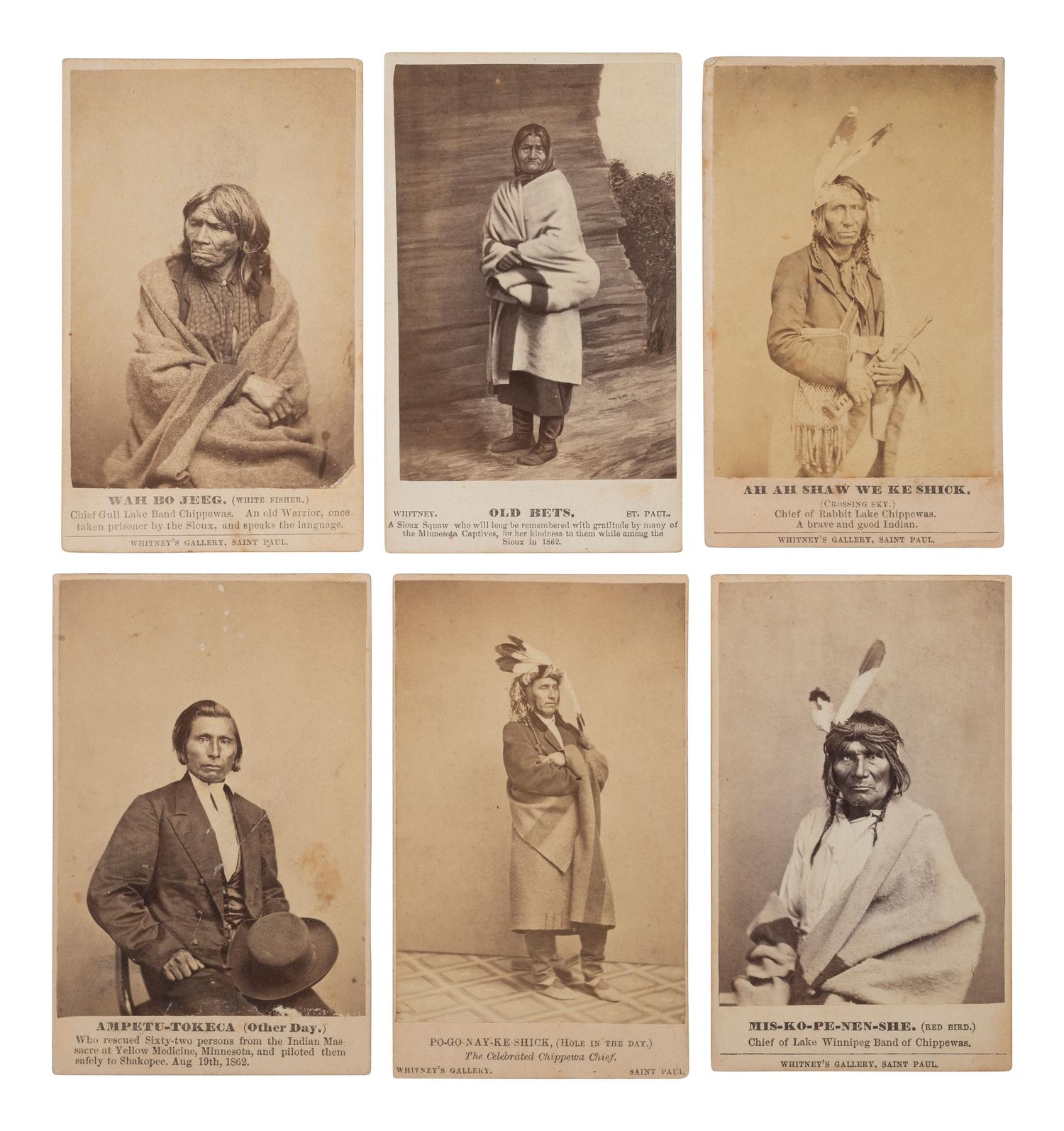 A group of 12 CDVs of Sioux involved in the 1862 Dakota Uprising in Minnesota. St. Paul, MN: Whitney's Gallery.