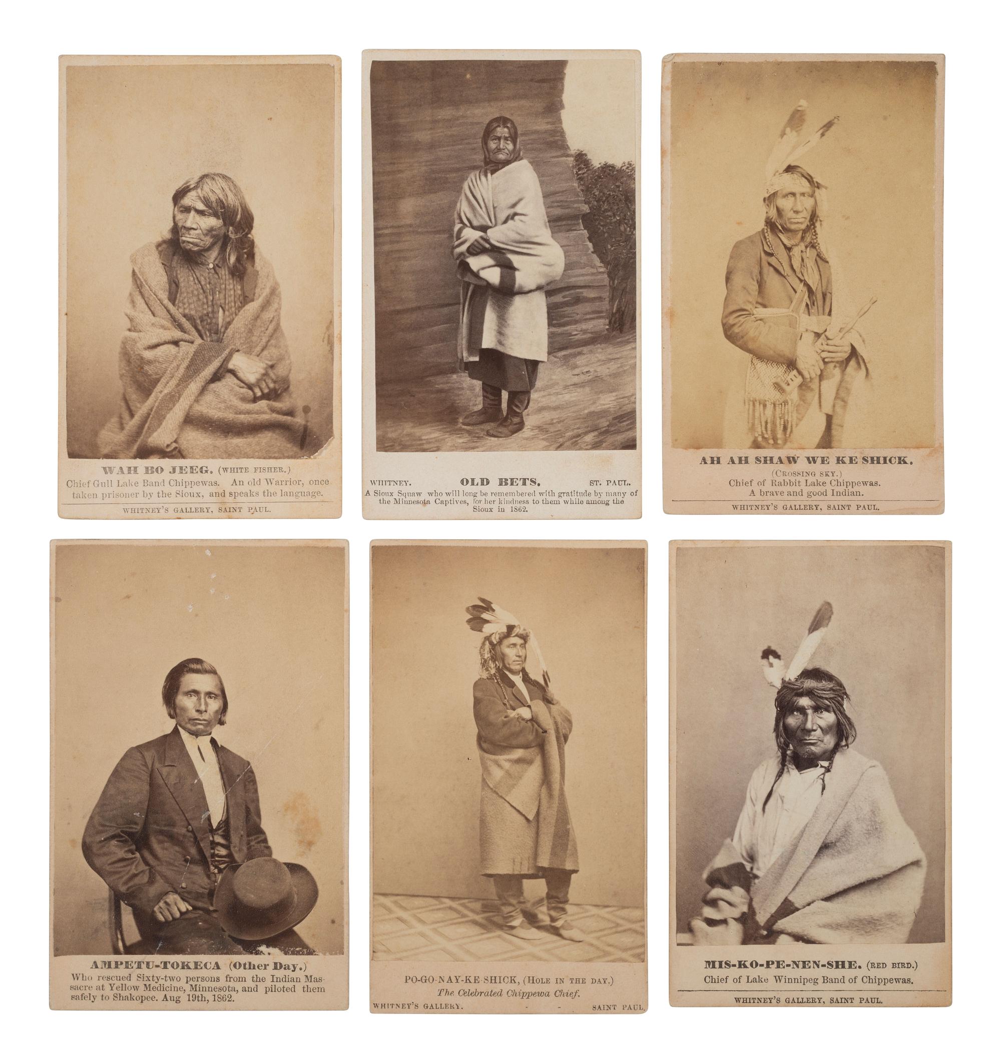 A group of 12 CDVs of Sioux involved in the 1862 Dakota Uprising in Minnesota. St. Paul, MN: Whitney's Gallery.