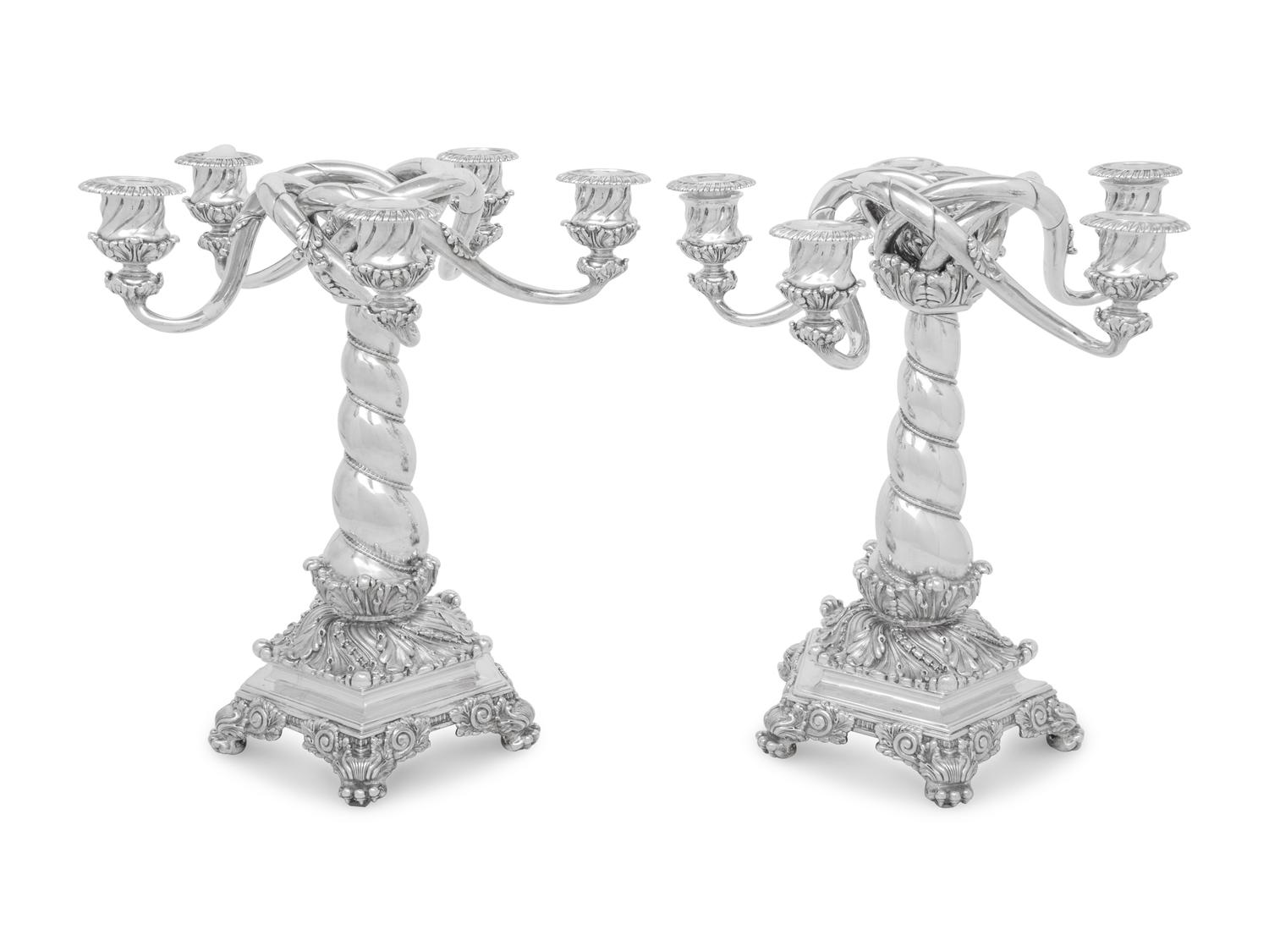 An Impressive Pair of Tiffany and Co. Silver Five-Light Candelabra