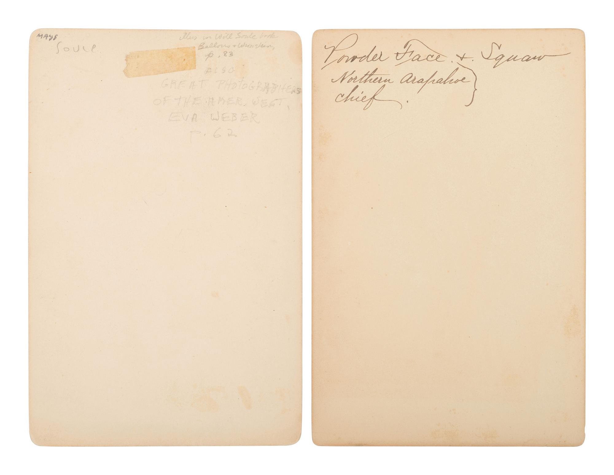 SOULE, William S. (1836-1908), photographer. Two cabinet cards of Powder Face, Arapahoe War Chief. Fort Sill, Indian Territory, ca 1870s.