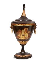 A Pair of Regency Parcel-Gilt Tôle Peinte Urns