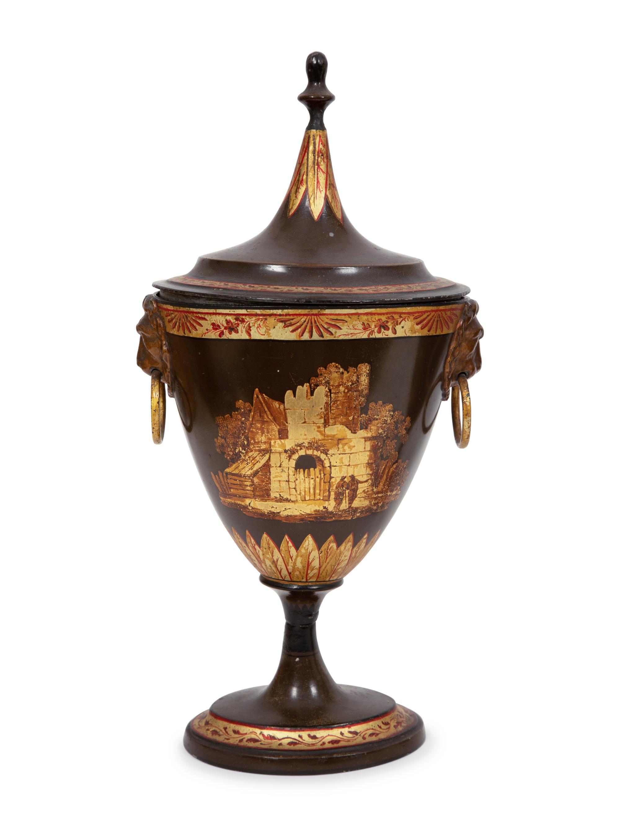 A Pair of Regency Parcel-Gilt Tôle Peinte Urns