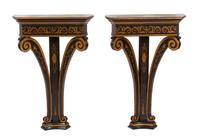 A Pair of Regency Style Black and Gilt Decorated Demilune Wall Mounted — 20TH CENTURY