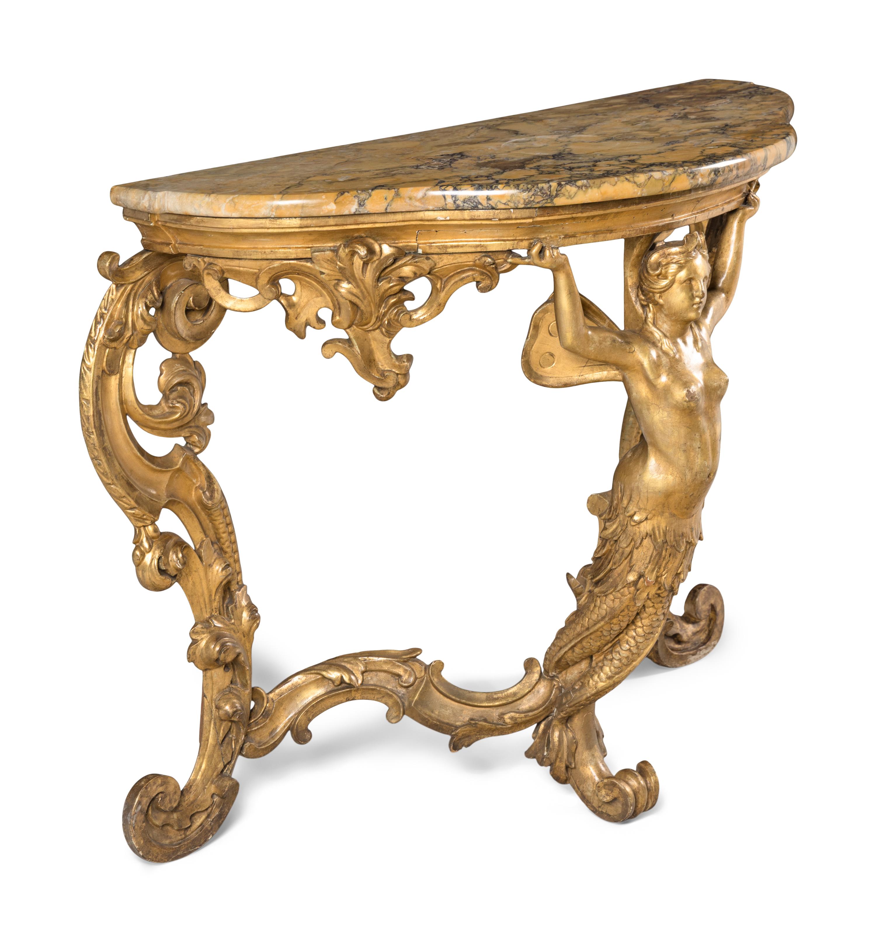 An Italian Rococo Style Giltwood and Giallo Antico Marble-Top Console Table