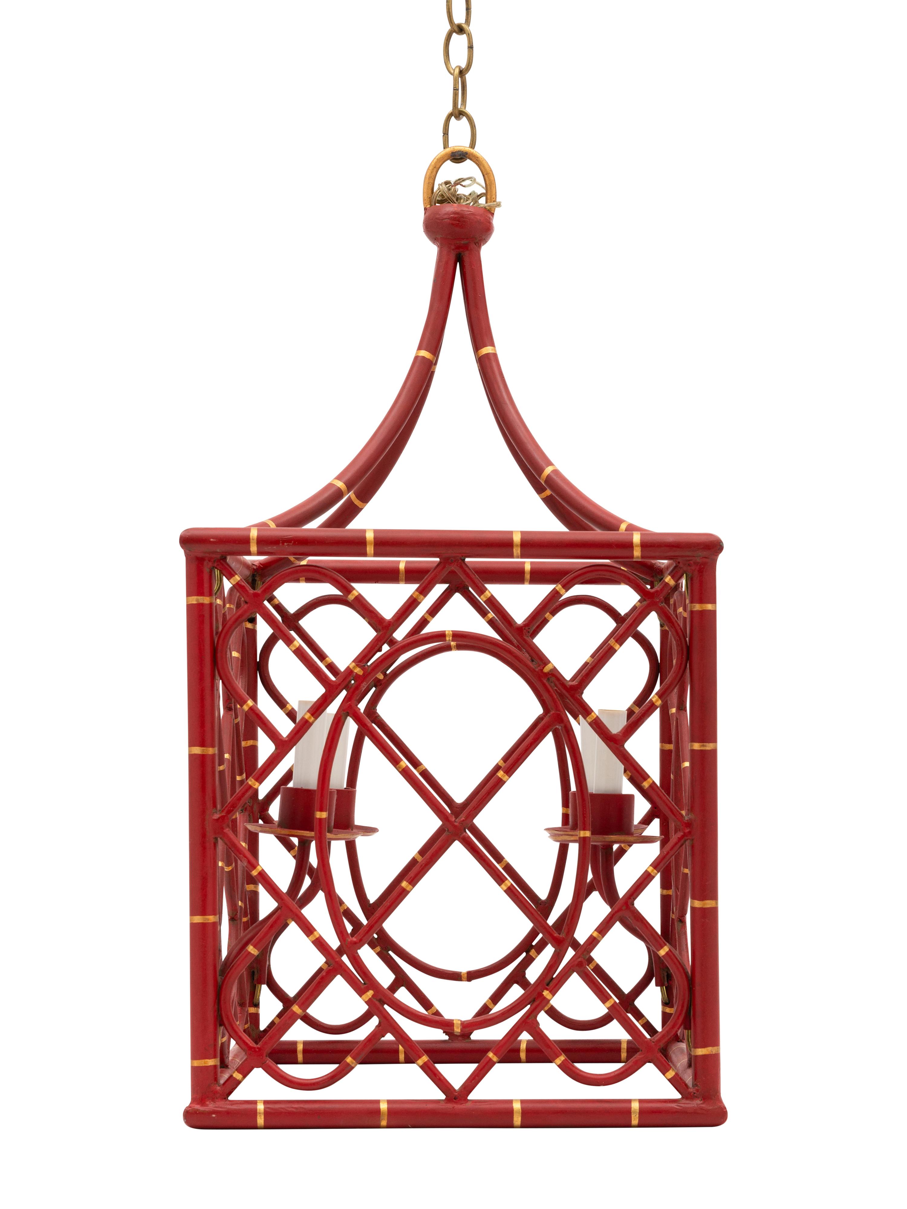 A Red-Painted and Parcel-Gilt Faux Bamboo Four-Light Lantern