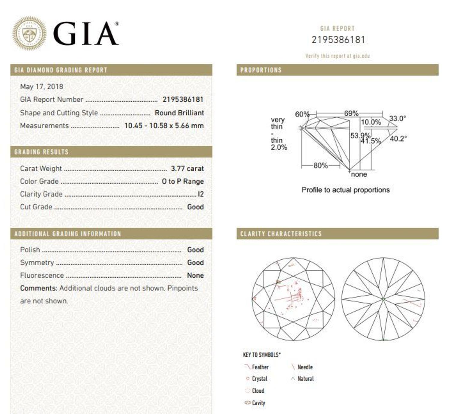 A 3.77 Carat Round Brilliant Cut Diamond,