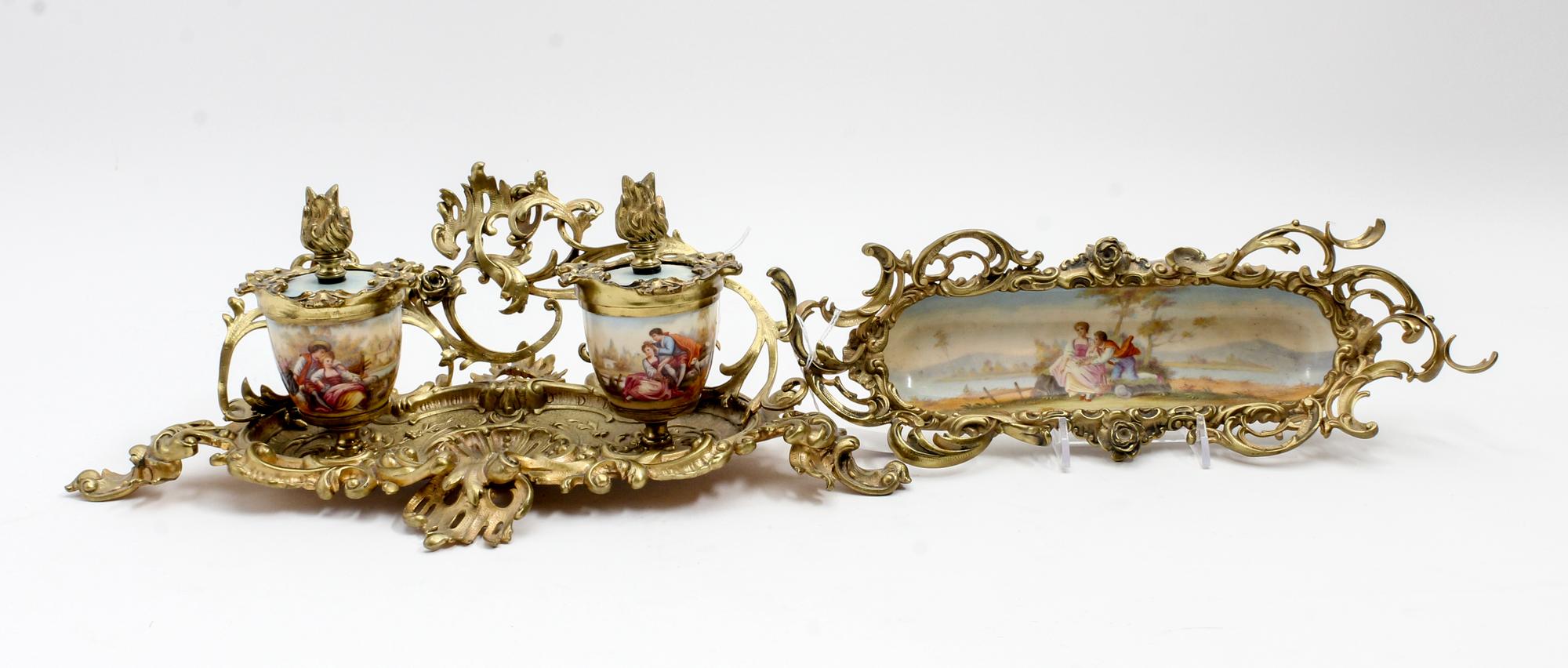 A Continental Gilt Metal Mounted Porcelain Desk Set Width of wider 16 inches. — 20TH CENTURY