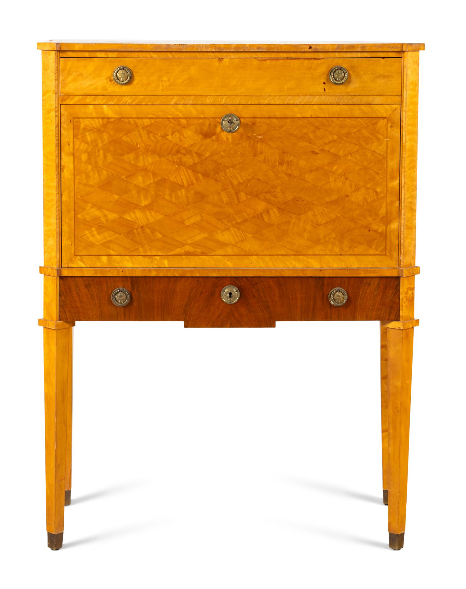 A Swedish Neoclassical Style Birch, Mahogany, and Rosewood Fall-Front Bureau