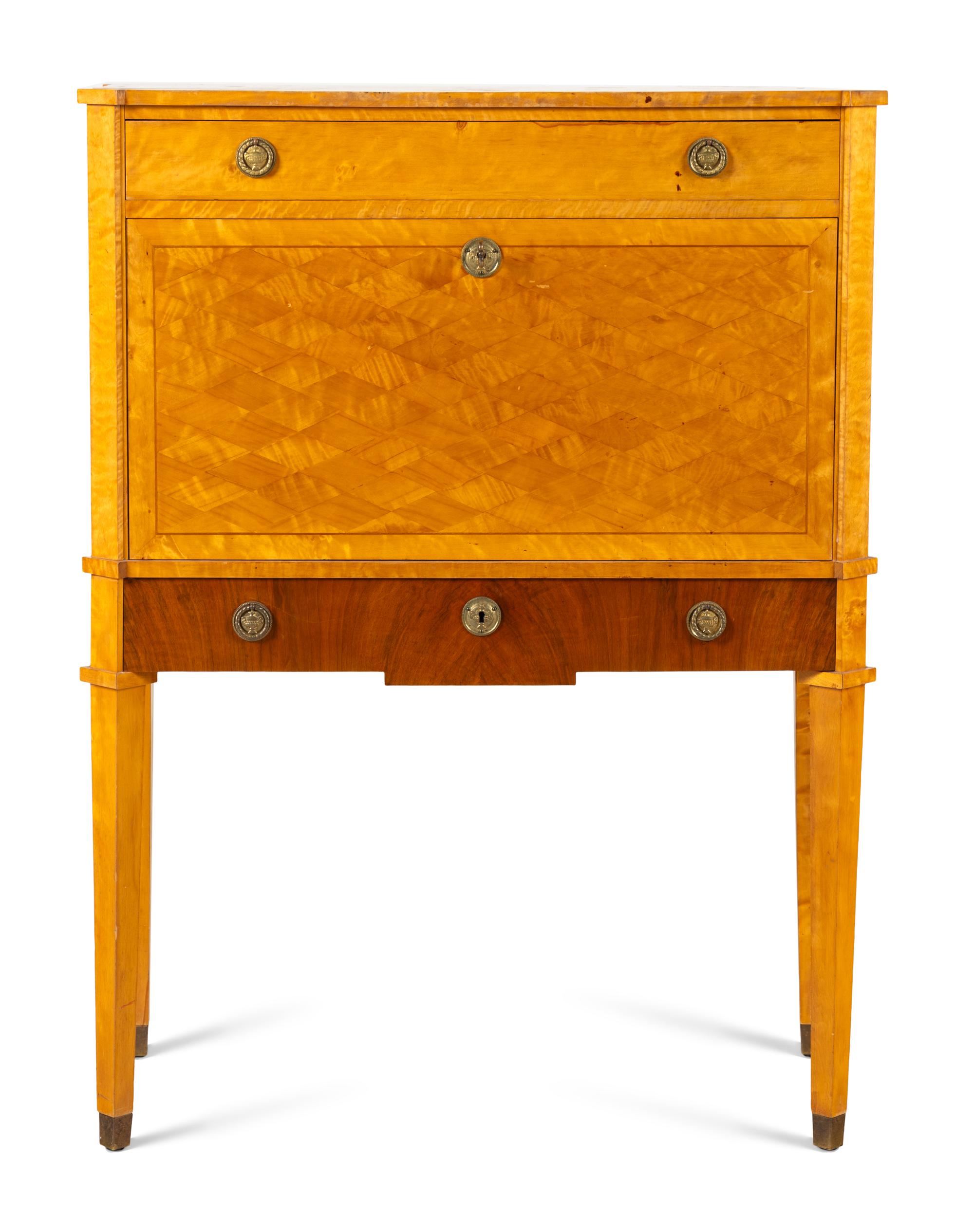A Swedish Neoclassical Style Birch, Mahogany, and Rosewood Fall-Front Bureau