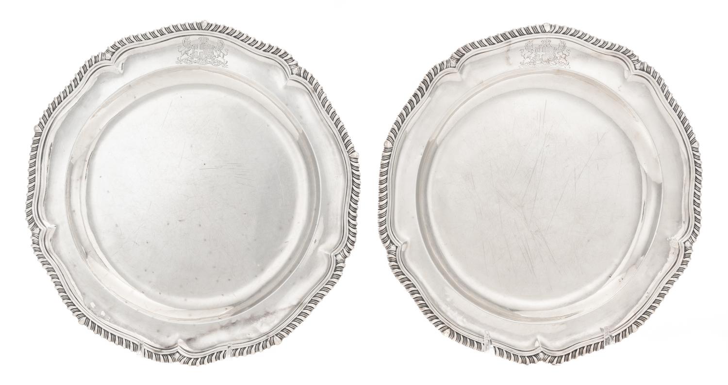 A Pair of George III Silver Dinner Plates, Probably William Stroud, London, 1802, each of shaped circular form with a gadrooned rim, bo