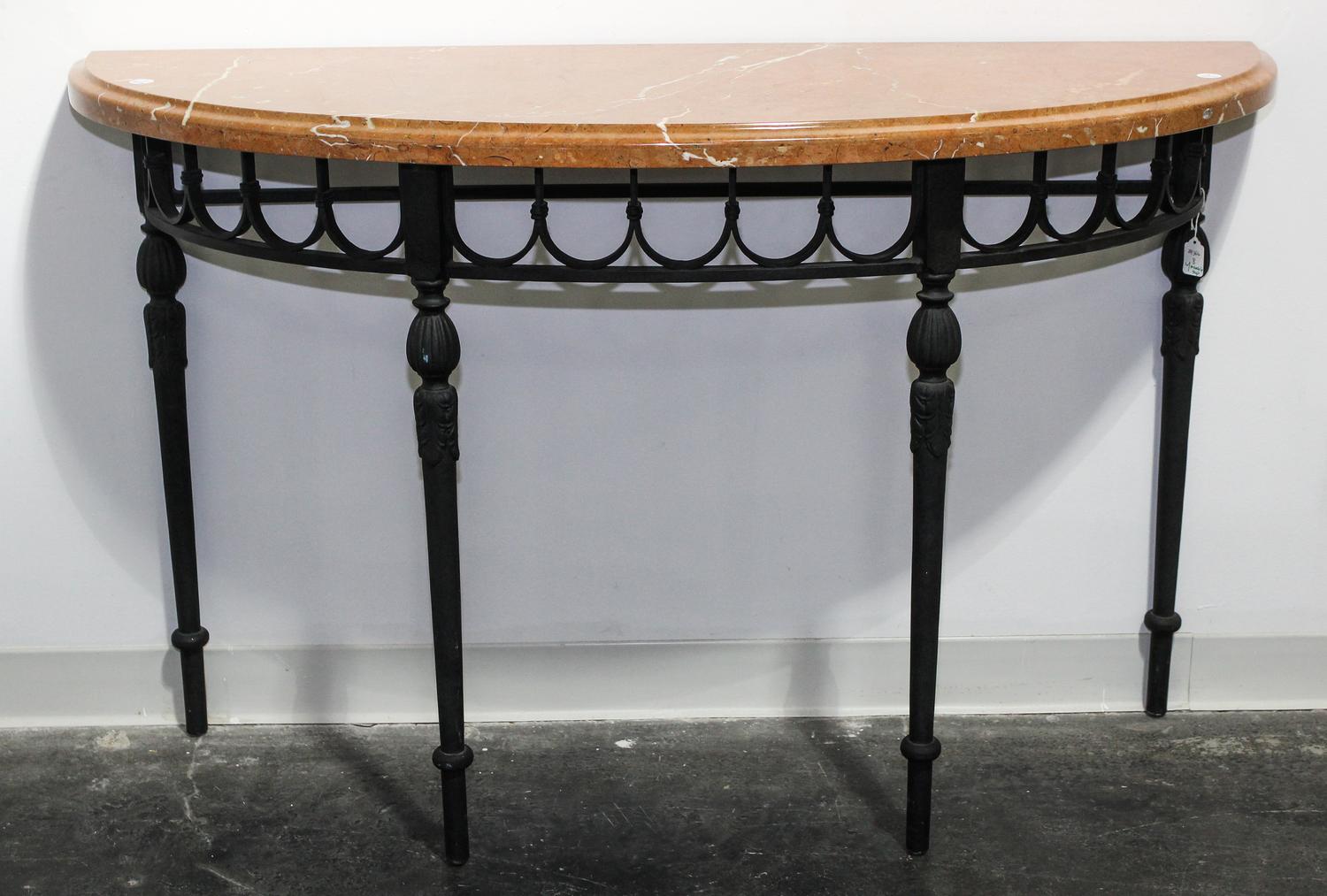 An Iron and Marble Console Table Height of base 32 1/4 x width 48 x depth 15 1/2 inches. — LATE 20TH CENTURY