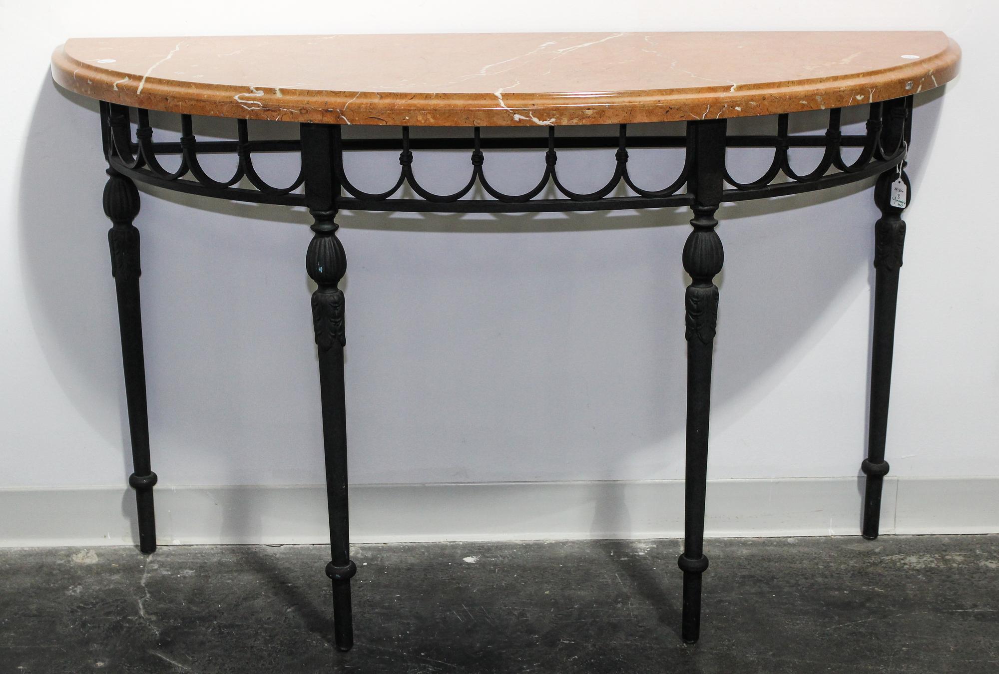 An Iron and Marble Console Table Height of base 32 1/4 x width 48 x depth 15 1/2 inches. — LATE 20TH CENTURY