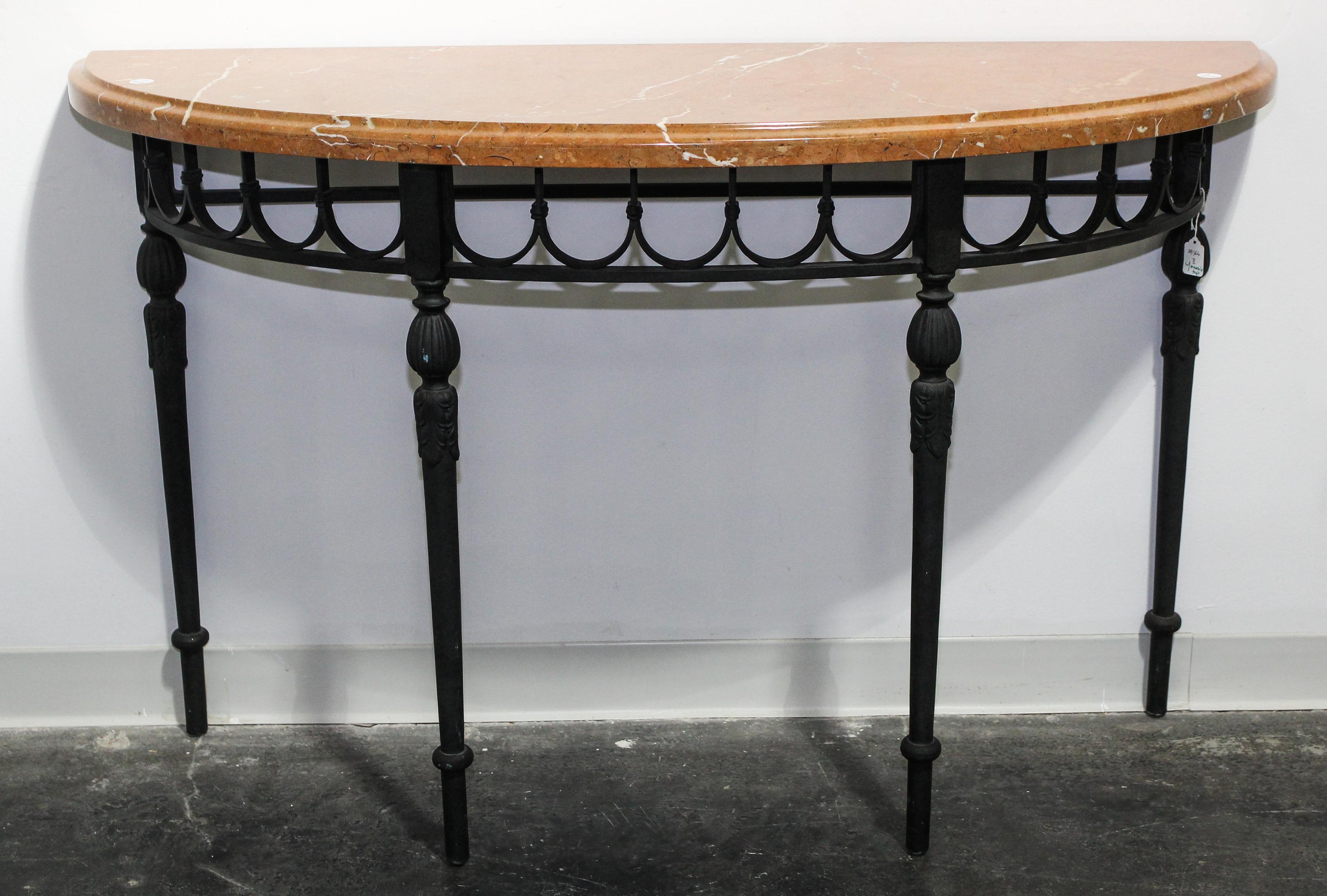 An Iron and Marble Console Table Height of base 32 1/4 x width 48 x depth 15 1/2 inches. — LATE 20TH CENTURY