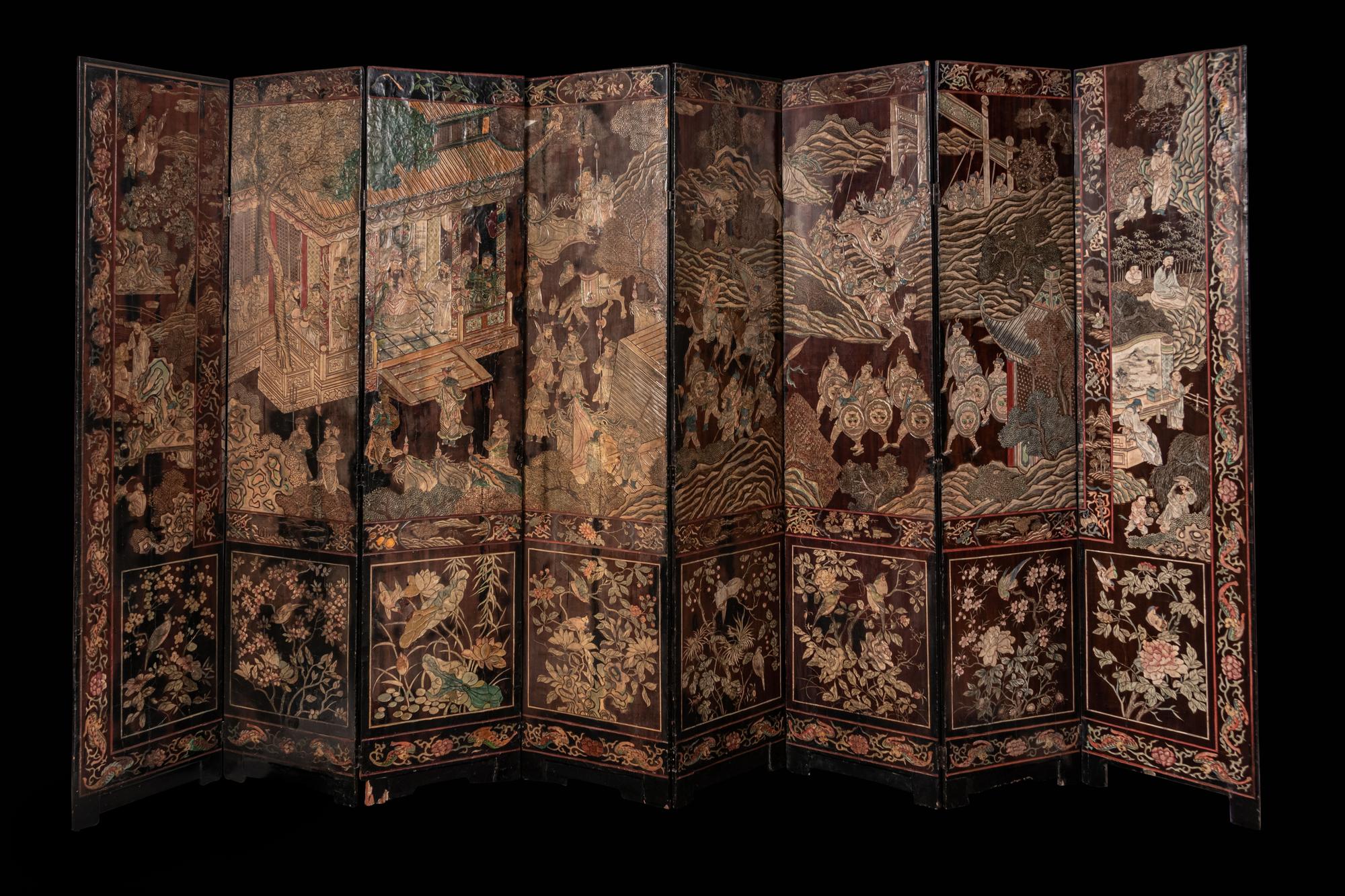 A Coromandel Lacquer Eight-Panel Floor Screen