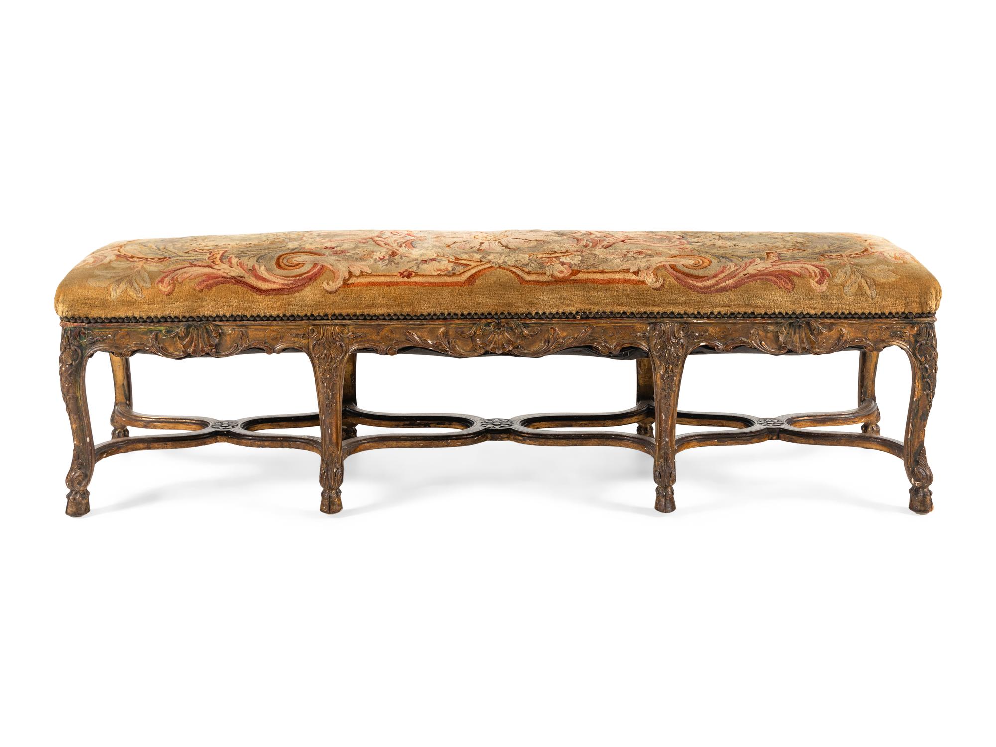 A Louis XV Style Polychrome Painted Giltwood Bench