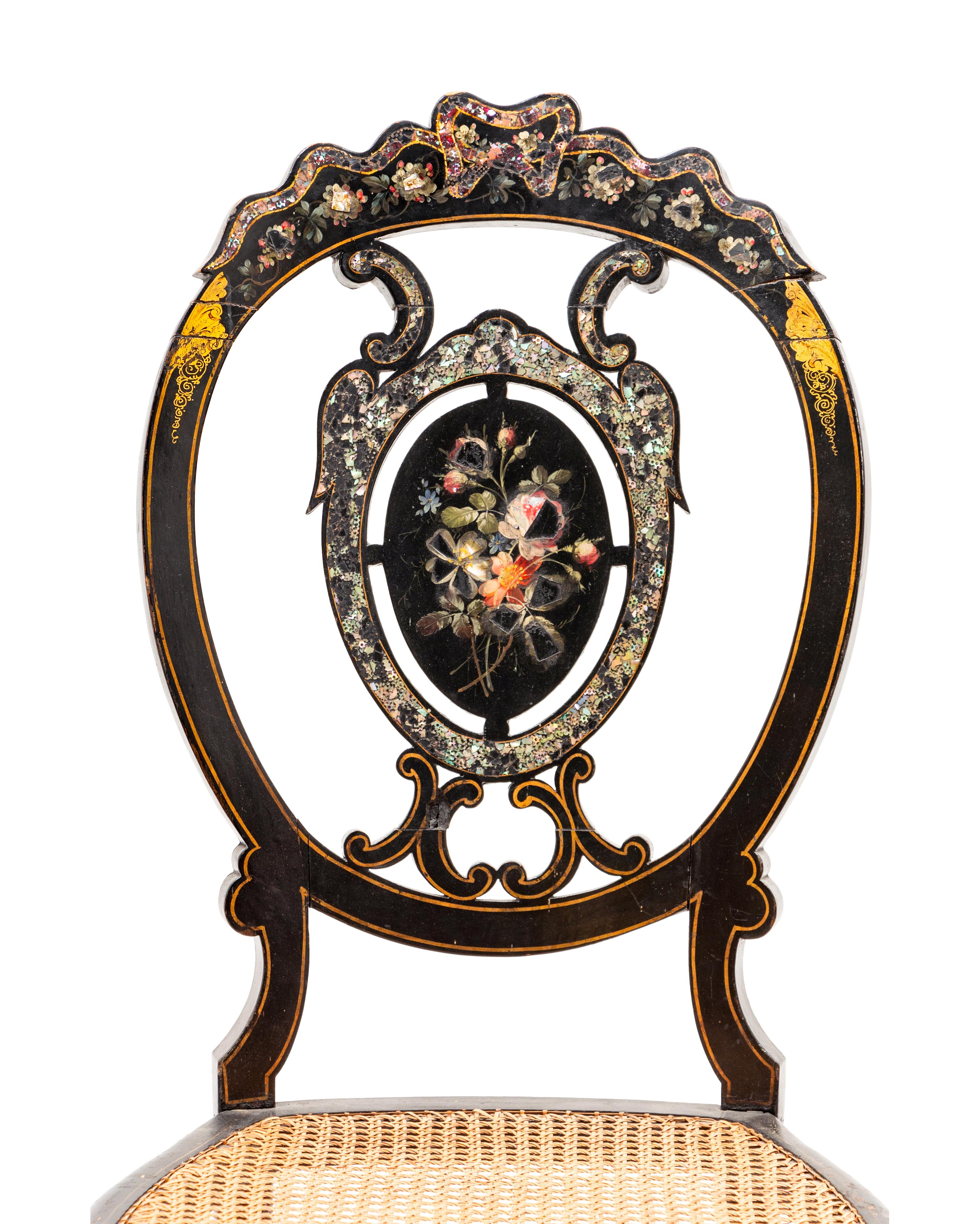 Five Victorian Lacquer and Mother-of-Pearl Inlaid Side Chairs