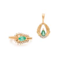 Emerald, Diamond, and Yellow Gold Ring and Pendant