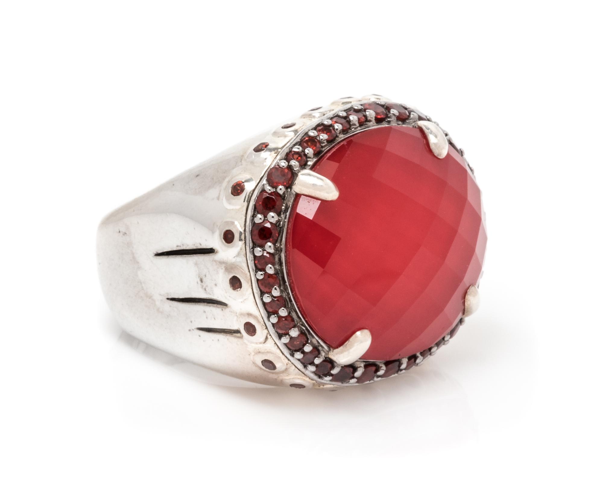 A Sterling Silver, Coral and White Quartz Doublet and Garnet 'Batu Bamboo' Ring, John Hardy, 12.20 dwts.