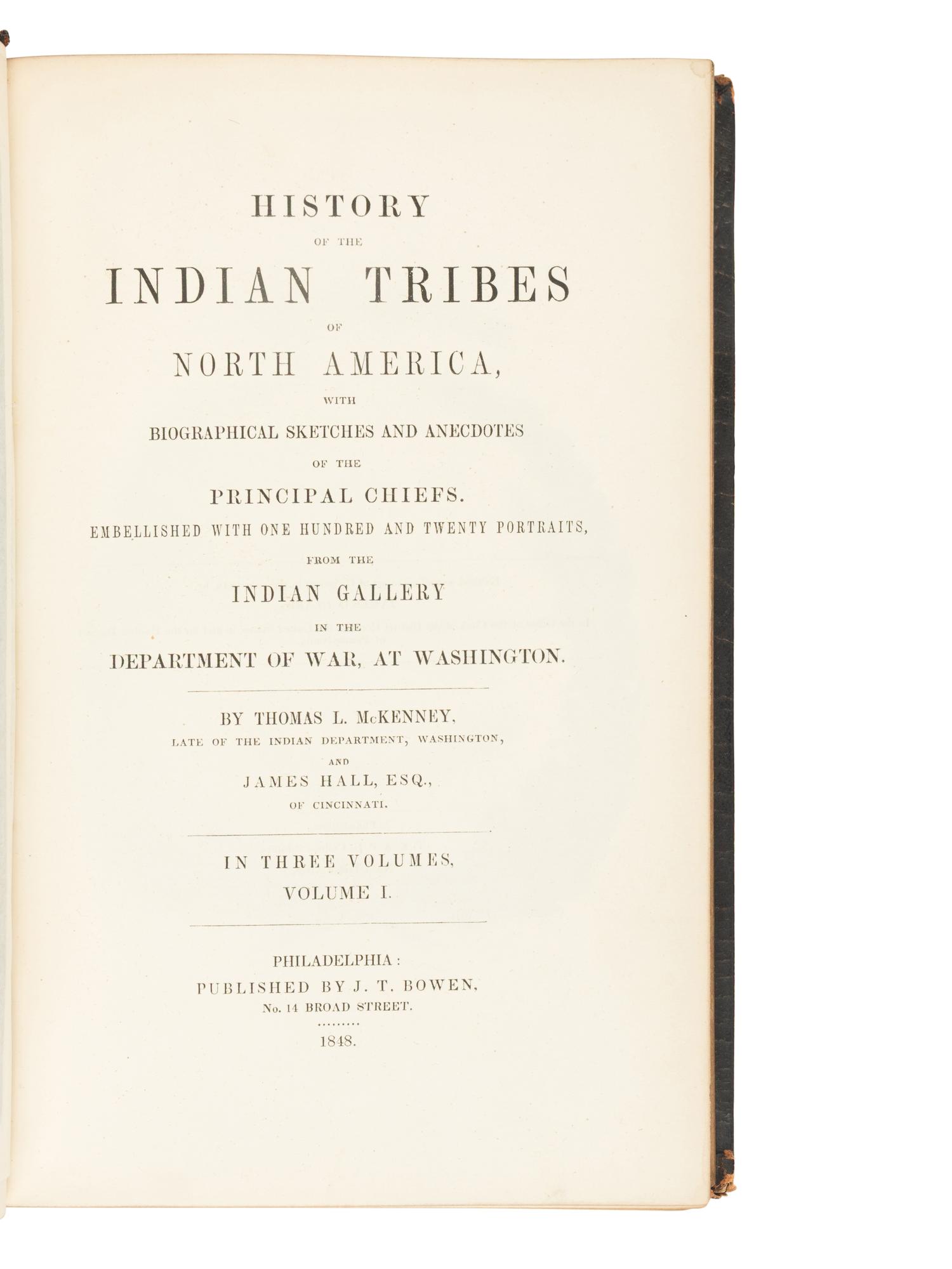 [AMERICANA]. McKENNEY, Thomas L. (1785-1859) and James HALL (1793-1868). History of the Indian Tribes of North America . Philadelphia: J.T. Bowen, 1848-1850.