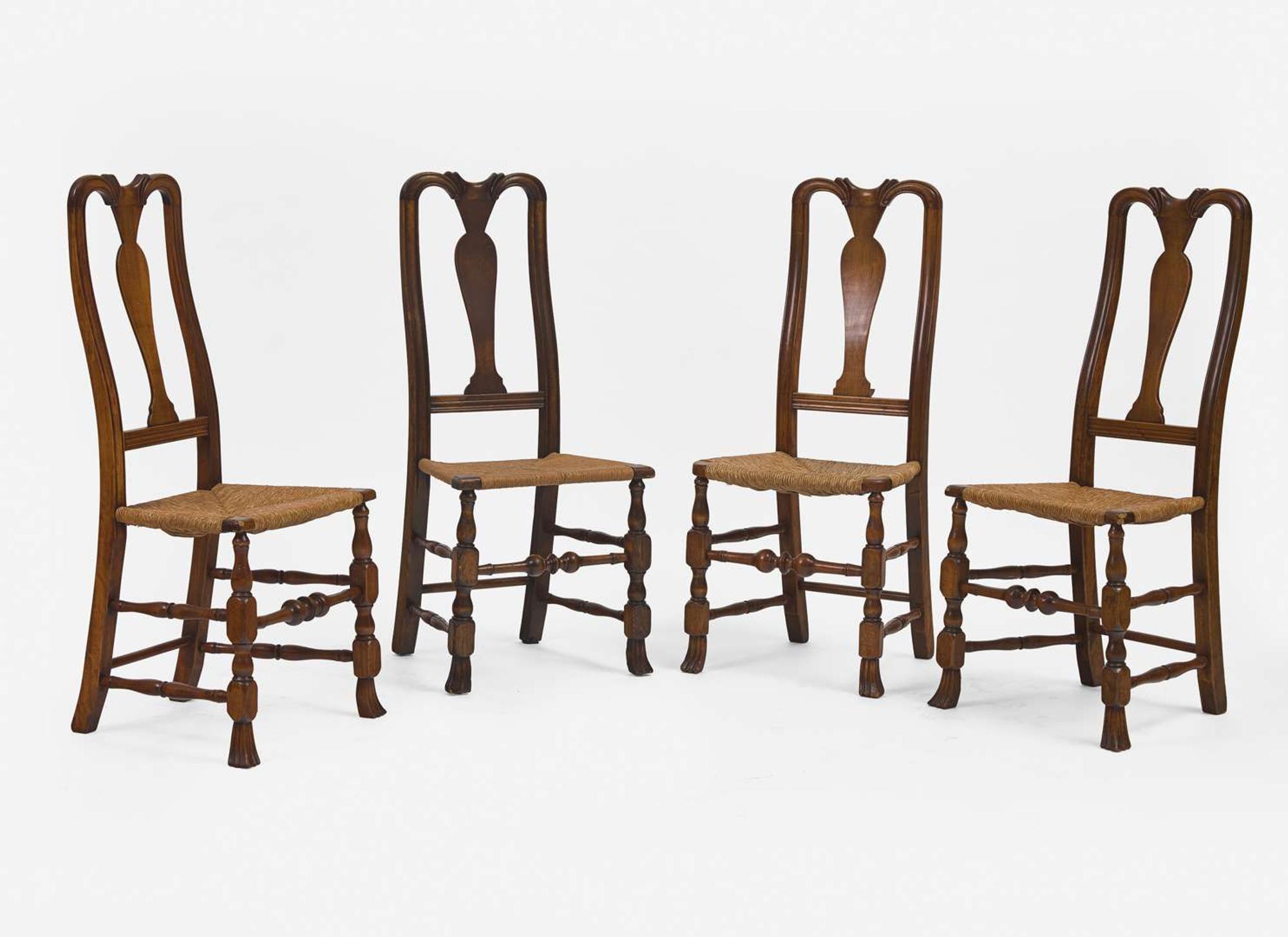 A group of four Queen Anne carved maple and ash rush-seat side chairs, New England, circa 1730 and later