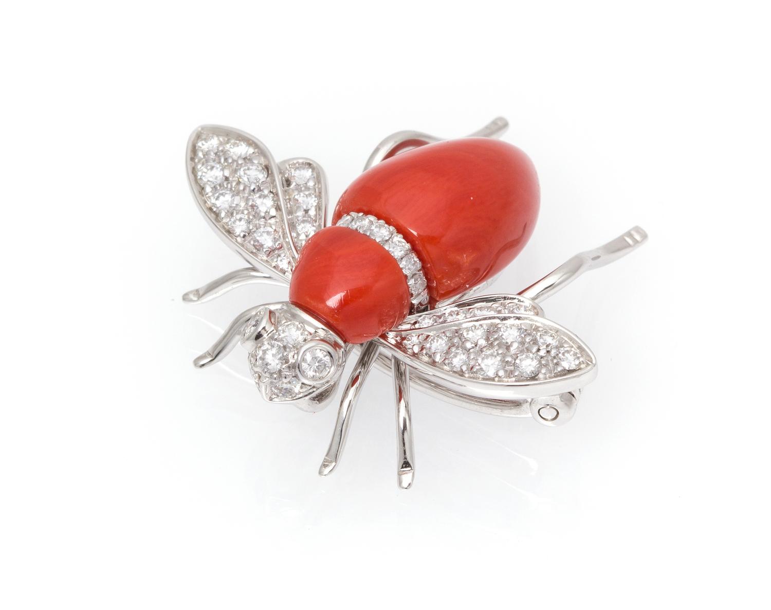 An 18 Karat White Gold, Coral and Diamond Articulated Insect Pendant/Brooch, Sidney Garber, 6.30 dwts.