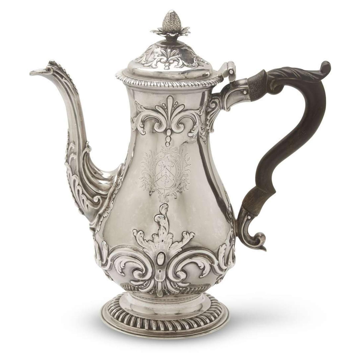George III sterling silver coffee pot with Meade family coat-of-arms Daniel Smith and Robert Sharpe, London, 1759